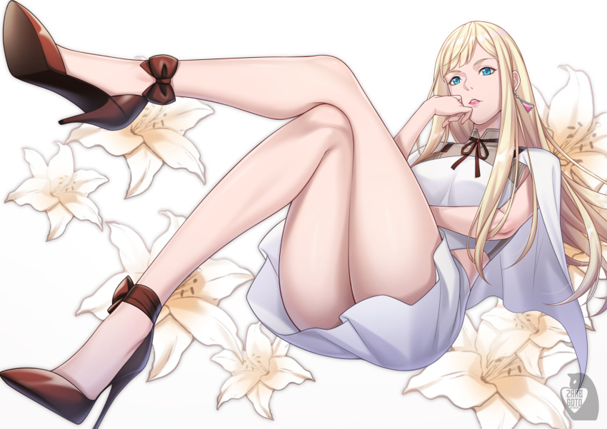 1girl, bangs, blonde_hair, blue_eyes, bow, brown_bow, brown_footwear, capelet