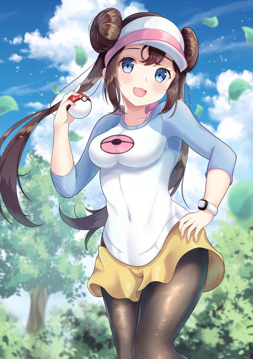 1girl, :d, absurdres, bangs, blue_eyes, blush, bow, breasts, brown_hair, brown_legwear, clouds, commentary_request, day, double_bun, eyelashes, hand_on_hip, hand_up, highres, holding, holding_poke_ball, kaede_(maple4rt), leaves_in_wind, legwear_under_shorts, long_hair, looking_at_viewer, open_mouth, outdoors, pantyhose, pink_bow, poke_ball, poke_ball_(basic), pokemon, pokemon_(game), pokemon_bw2, raglan_sleeves, rosa_(pokemon), short_shorts, shorts, sky, smile, solo, tree, twintails, visor_cap, yellow_shorts