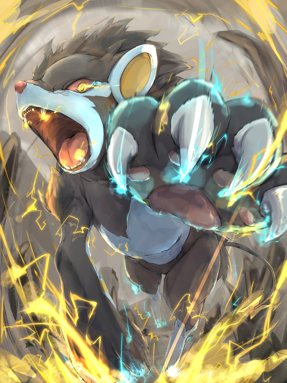 claws, colored_sclera, commentary_request, electricity, eye_trail, from_below, highres, itsudzumi, luxray, no_humans, open_mouth, pokemon, pokemon_(creature), red_sclera, solo, tongue, yellow_eyes, yellow_pupils