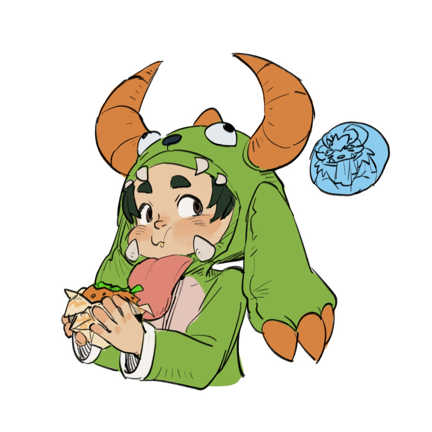 1boy, bangs, blush, brown_hair, cropped_torso, eating, food, ghostgrass, green_pajamas, grungy_nunu, highres, holding, holding_food, horns, league_of_legends, long_sleeves, looking_at_viewer, male_focus, nunu_(league_of_legends), solo, upper_body, willump