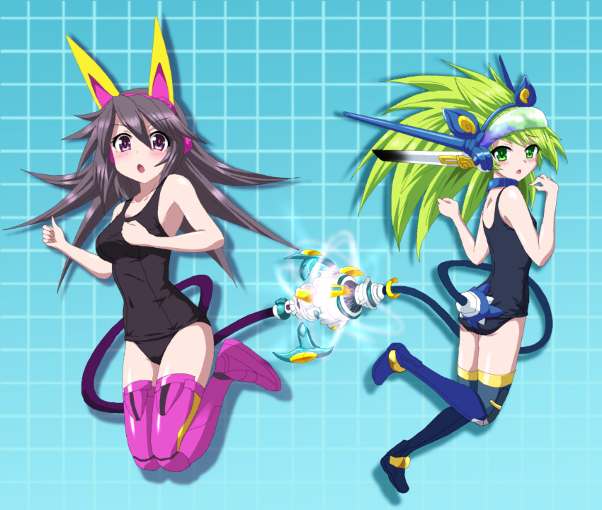 1girl, ass, black_hair, blush, breasts, green_eyes, green_hair, hayashiya_zankurou, headgear, highres, machinery, navel, nyanko_daisensou, school_swimsuit, swimsuit, thigh-highs, thundia_(nyanko_daisensou), violet_eyes, windy_(nyanko_daisensou)