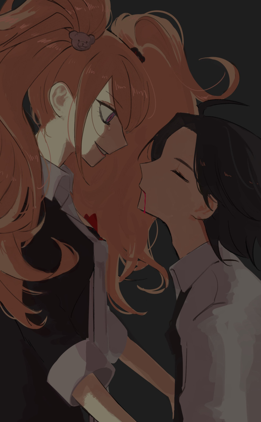 1boy, 1girl, absurdres, ahoge, bangs, bear_hair_ornament, black_hair, black_necktie, black_shirt, blonde_hair, blood, blood_from_mouth, breasts, collared_shirt, danganronpa/zero, danganronpa_(series), enoshima_junko, eyebrows_visible_through_hair, from_side, green_background, grey_necktie, grey_shirt, hair_ornament, highres, long_hair, long_sleeves, matsuda_yasuke, medium_breasts, medium_hair, necktie, oji-sama_(ochi4t), parted_bangs, shiny, shiny_hair, shirt, smile, tearing_up, twintails, upper_body