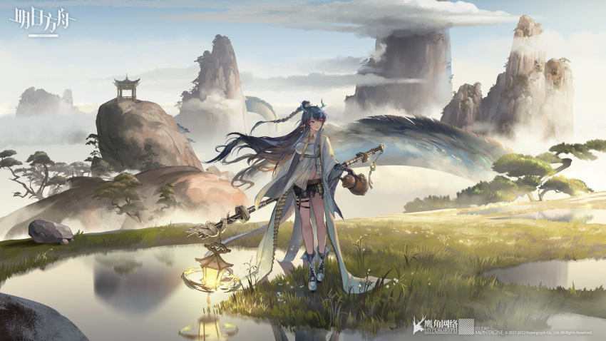 1girl, arknights, bangs, bare_legs, black_gloves, black_shorts, blue_eyes, blue_hair
