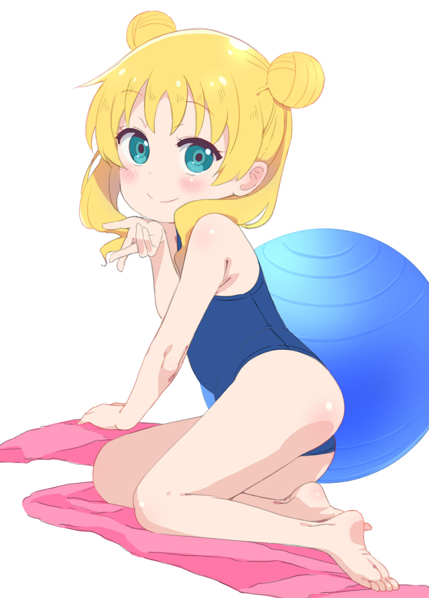 1girl, :d, absurdres, arm_support, bad_id, bad_twitter_id, ball, bare_shoulders