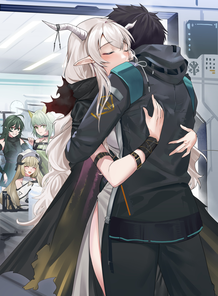 1boy, 4girls, :d, absurdres, ahoge, animal_ears, arknights, bangs, bare_shoulders, black_cape, black_dress, black_hair, black_jacket, black_panties, blonde_hair, blunt_bangs, blush, cape, cat_ears, closed_eyes, detached_sleeves, doctor_(arknights), dress, eyebrows_visible_through_hair, gavial_(arknights), green_dress, green_eyes, green_hair, hasegawamorito, hat, highres, hood, hood_down, hooded_jacket, horns, hug, indoors, jacket, kal'tsit_(arknights), long_hair, long_sleeves, multiple_girls, mutual_hug, nightingale_(arknights), open_mouth, panties, pelvic_curtain, pointy_ears, shining_(arknights), short_hair, silver_hair, smile, underwear, v-shaped_eyebrows, very_long_hair, white_dress, white_headwear, wristband