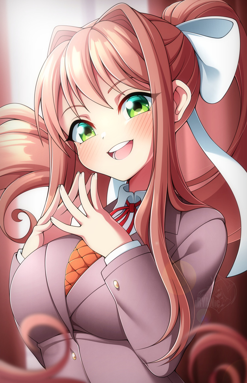 1girl, absurdres, blazer, blush, breasts, brown_hair, brown_jacket, doki_doki_literature_club