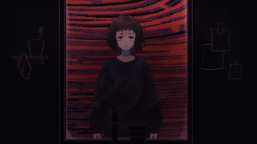 1girl, abstract_background, absurdres, bathroom, black_hoodie, faucet, highres, hood, hoodie, md5_mismatch, milk-chan_(milk_inside_a_bag_of_milk_inside_a_bag_of_milk), milk-chan_(milk_series), milk_inside_a_bag_of_milk_inside_a_bag_of_milk, mirror, nikita_kryukov, racklet, red_eyes, redhead, reflection, toothbrush