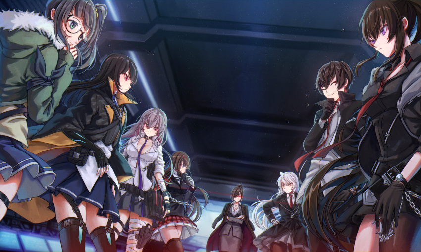 1boy, 6+girls, bandages, belt, between_breasts, black_gloves, black_hair, black_legwear, blue_eyes, breasts, brown_hair, chain, closed_eyes, counter:side, crossed_arms, eujin, eyepatch, fingerless_gloves, glasses, gloves, glowing, glowing_eye, green_eyes, hand_on_hip, hand_on_own_chin, highres, hilde_(counter:side), joo_shiyoon, kim_sobin, kumano_yume, lee_sooyeon, multiple_girls, necktie, necktie_between_breasts, office_lady, parted_lips, red_eyes, seo_yoon, skirt, thigh-highs, utility_belt, violet_eyes, white_gloves, white_hair, xiao_lin, yoo_mina