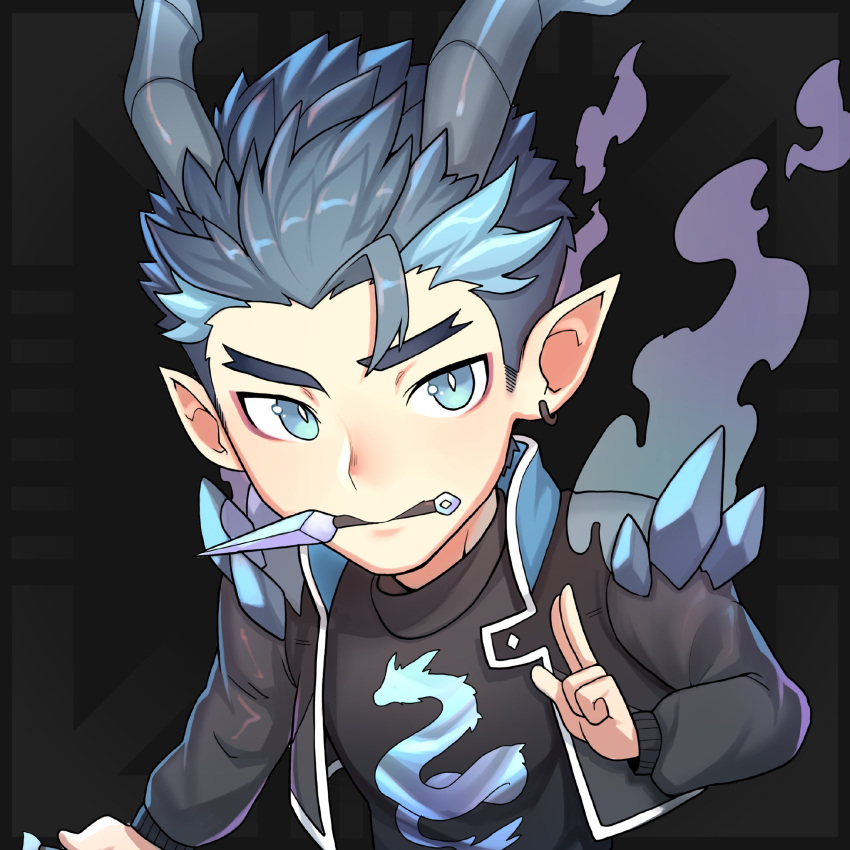 1boy, black_hair, blue_eyes, dragon_boy, dragon_horns, highres, horns, looking_to_the_side