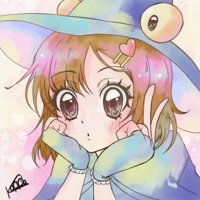 1990s_(style), 1girl, blush, brown_eyes, fingerless_gloves, gloves, hair_ornament, hairclip, hat, head_rest, heart, highres, looking_to_the_side, orange_hair, pale_skin, polygon_project, retro_artstyle, solo, virtual_youtuber, witch_hat, xkappa_(artist), xkappa_k