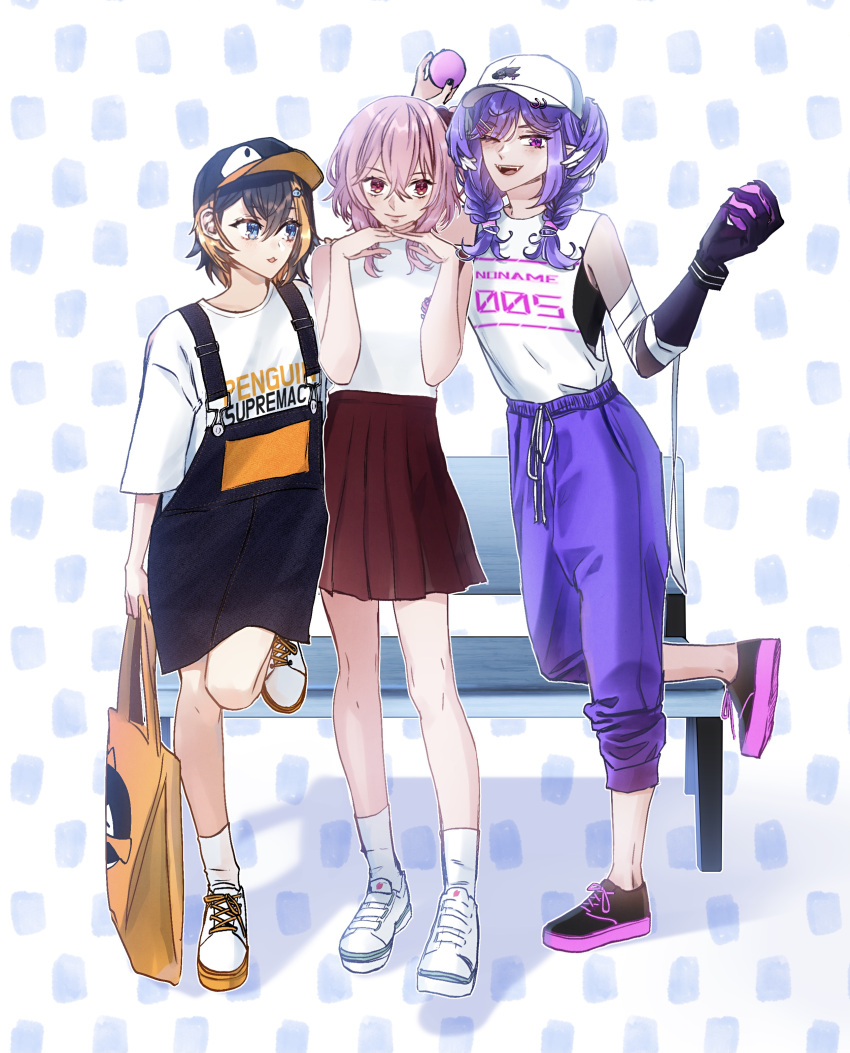 3girls, absurdres, bag, baseball_cap, bench, black_footwear, black_hair, black_overalls, blonde_hair, blue_eyes, blush, bob_cut, bracelet, braid, casual, dotted_background, dragon_girl, egg, english_text, fangs, flower, hair_ornament, hairclip, handbag, hat, head_wings, heterochromia, highres, holding, holding_egg, jewelry, leg_up, lins_(linszhz), looking_to_the_side, medium_hair, multicolored_hair, multiple_girls, nijisanji, nijisanji_en, obsydia_(nijisanji), one_eye_closed, open_mouth, overalls, pants, penguin_girl, petra_gurin, pink_hair, pointy_ears, purple_hair, red_eyes, red_flower, red_rose, red_skirt, rose, rosemi_lovelock, selen_tatsuki, shadow, shirt, shirt_tucked_in, shoes, short_hair, short_sidetail, side_ponytail, skirt, sleeveless, smile, sneakers, sports_bra, standing, t-shirt, twin_braids, violet_eyes, virtual_youtuber, white_background, white_footwear, white_legwear, white_shirt