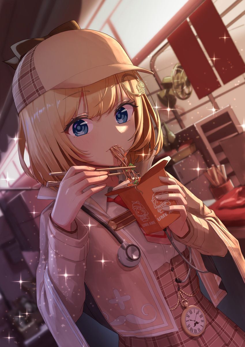 1girl, absurdres, arimoto_wataru, bangs, blonde_hair, blue_eyes, blurry, blurry_background