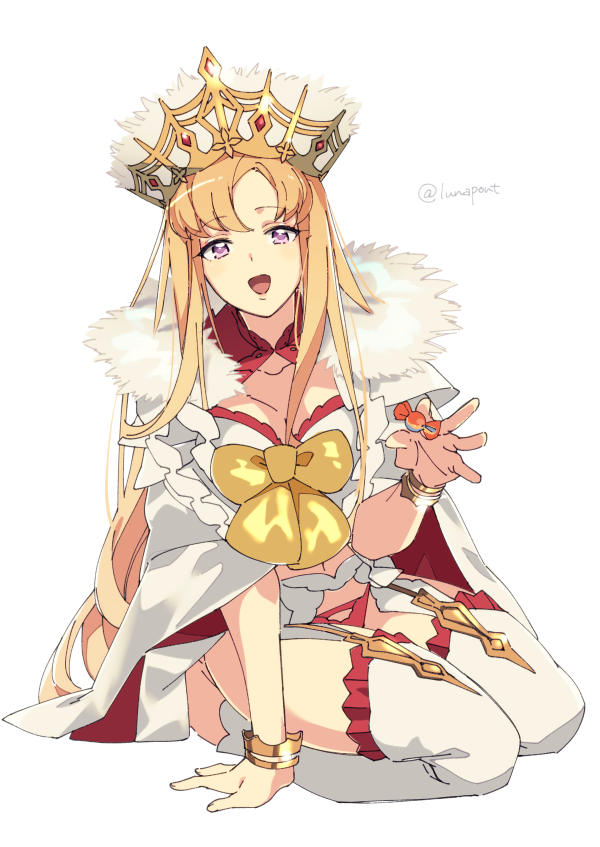 1girl, bangs, blonde_hair, breasts, candy, cloak, crown, europa_(fate)
