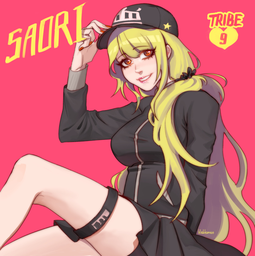 1girl, arisugawa_saori, artist_name, baseball_cap, black_headwear, black_skirt, breasts, character_name, copyright_name, english_commentary, feet_out_of_frame, hand_on_headwear, hand_up, hat, highres, hlebkamen, lipstick, long_sleeves, makeup, medium_breasts, nail_polish, orange_eyes, parted_lips, pink_background, red_nails, simple_background, skirt, smile, solo, thigh_strap, tribe_nine