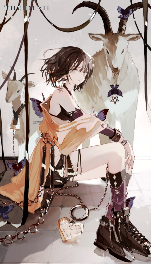 1girl, asahiro, bell, bracelet, brown_hair, bug, butterfly, butterfly_on_arm, chain, chain_leash, crossed_ankles, detached_sleeves, goat, heart, jewelry, kneehighs, leash, original, pentagram, shoes, short_hair, short_shorts, shorts, sitting, socks, solo, spiked_bracelet, spikes, the_devil_(tarot)
