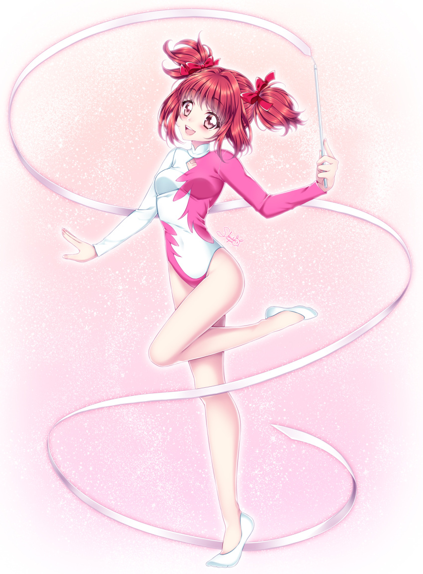 1girl, athletic_leotard, commentary_request, commission, full_body, gymnastics, gymnastics_ribbon, highres