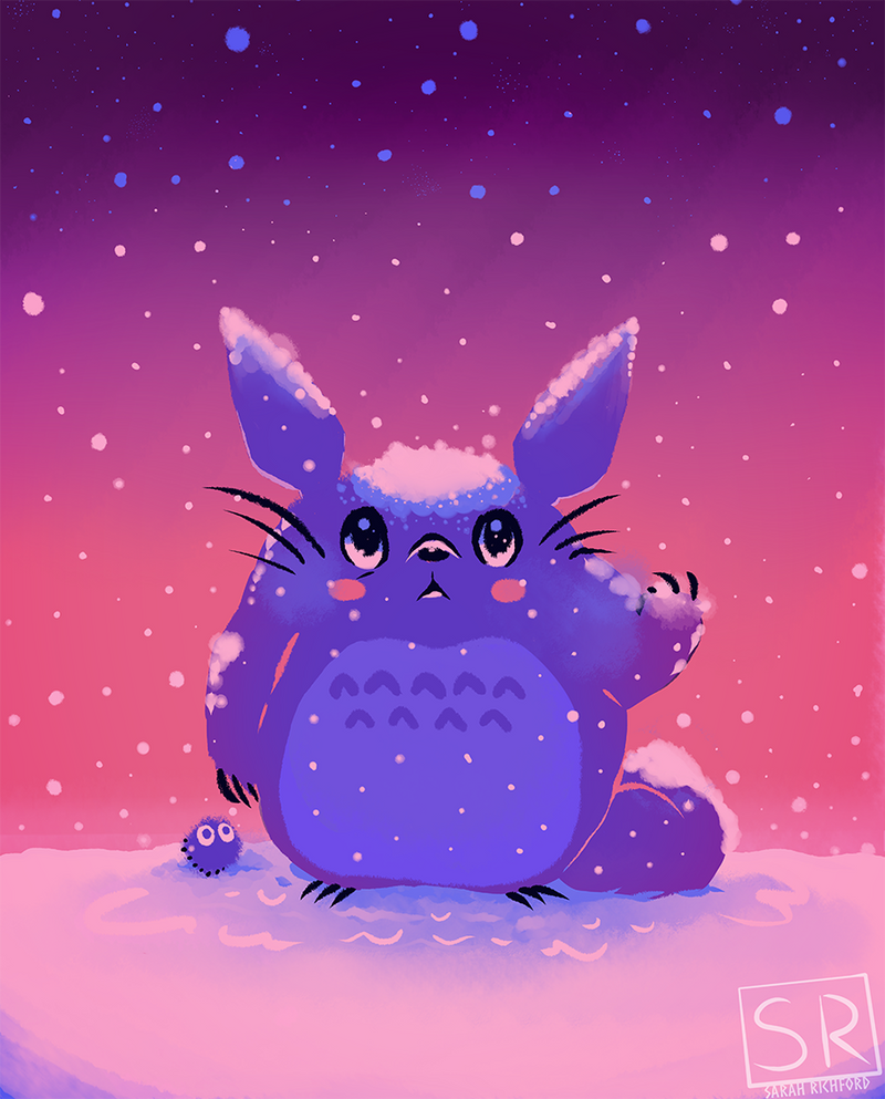 animal_ears, big_eyes, blush, cat, cat_ears, claws, color_guide, furry, furry_male, painting, painttool_sai_(medium), palette_(object), photoshop_(medium), pointy_ears, sarah_richford, snow, snow_on_head, studio_ghibli, tonari_no_totoro, totoro, whiskers, winter