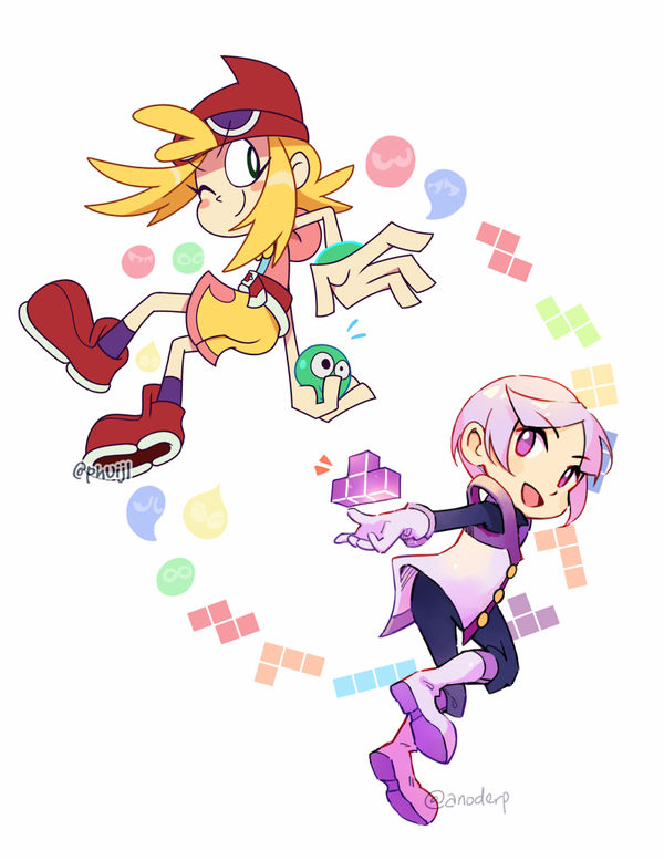 2girls, amitie_(puyopuyo), black_pants, black_shirt, blonde_hair, blue_legwear, cape, closed_mouth