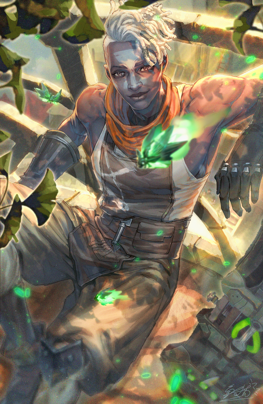 1boy, animal, arcane:_league_of_legends, arcane_ekko, bangs, bare_shoulders, brown_gloves, brown_pants