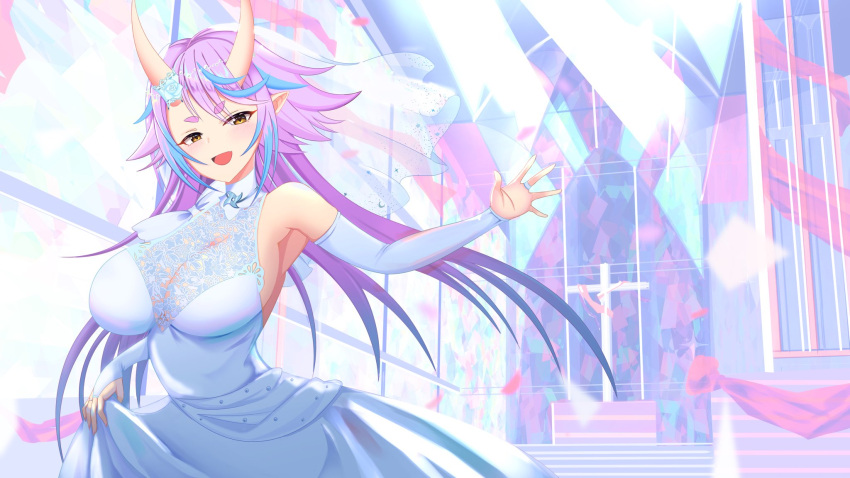 1girl, blue_hair, breasts, clothes_lift, collaboration, confetti, detached_sleeves, dress