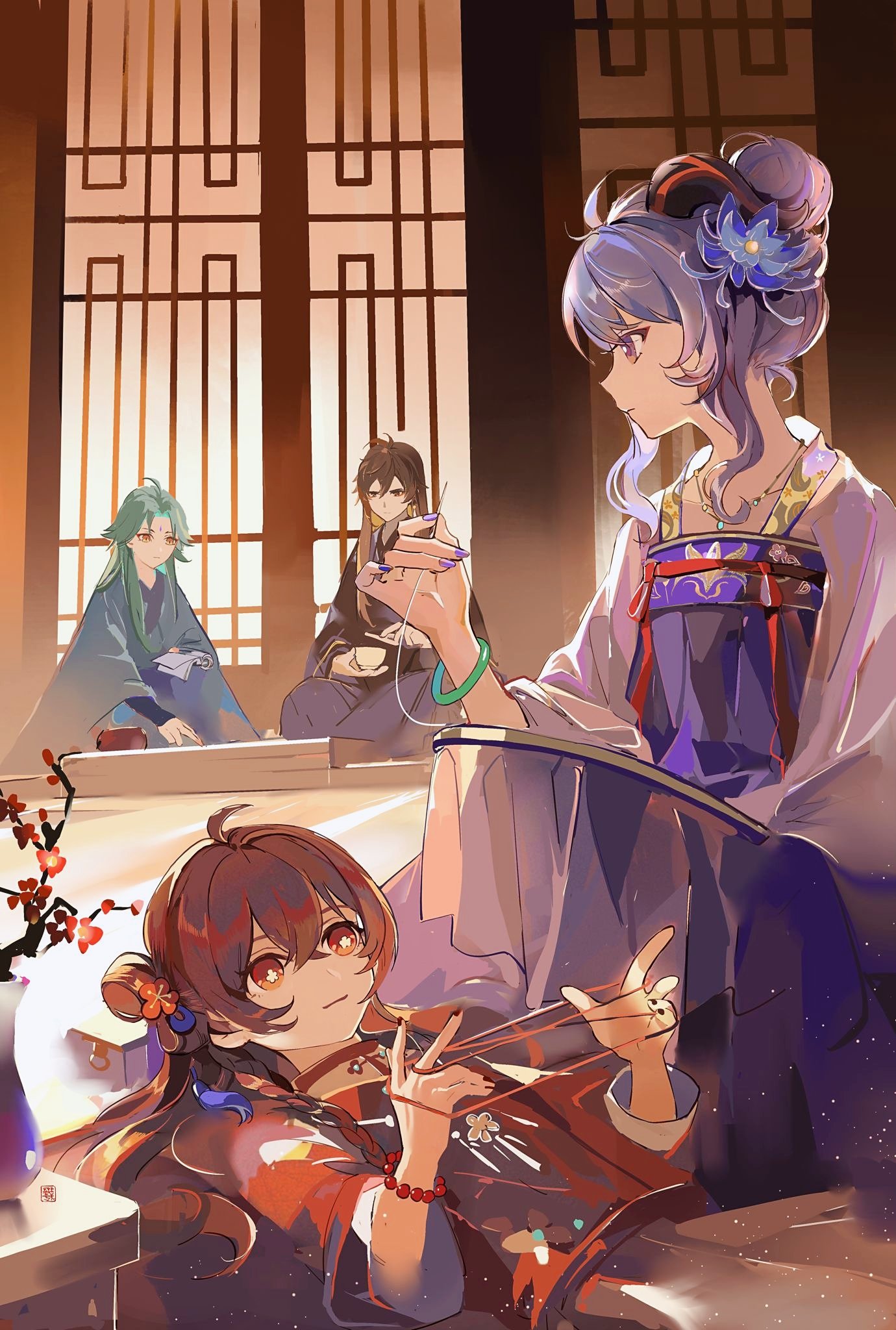 blue_hair, brown_hair, chinese_clothes, choker, flower, ganyu_(genshin_impact), genshin_impact, green_hair