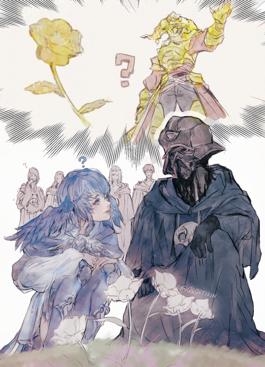 2girls, 4boys, ?, bird_legs, bird_wings, black_gloves, black_robe, blue_capelet