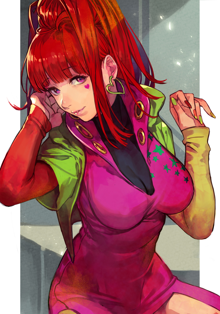 1girl, asymmetrical_sleeves, bangs, black_shirt, blunt_bangs, bodysuit, breasts, earrings, eyebrows_visible_through_hair, gnosia, hair_bun, hand_in_hair, hankuri, head_tilt, heart, heart_earrings, high_ponytail, jewelry, large_breasts, long_hair, long_sleeves, looking_at_viewer, mismatched_sleeves, multicolored_nails, parted_lips, pink_bodysuit, pink_eyes, redhead, shirt, smile, solo, sq_(gnosia), star_(symbol), turtleneck, upper_body