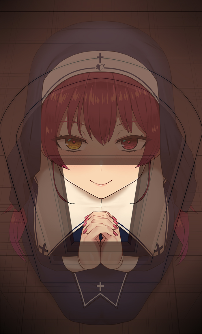 1girl, glory_hole, heterochromia, hololive, houshou_marine, kneeling, long_hair, looking_at_viewer