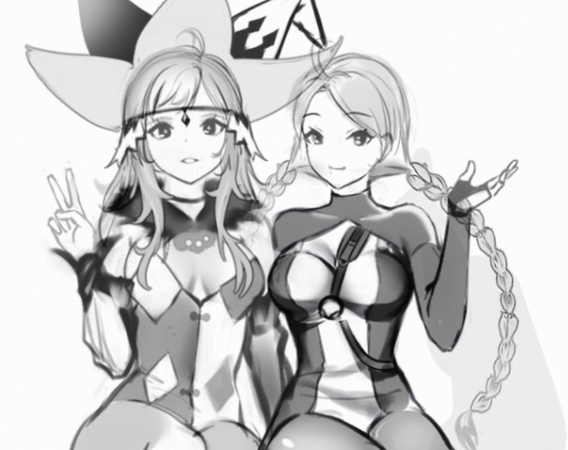 2girls, ahoge, asymmetrical_bangs, bangs, braid, breasts, circlet, commission