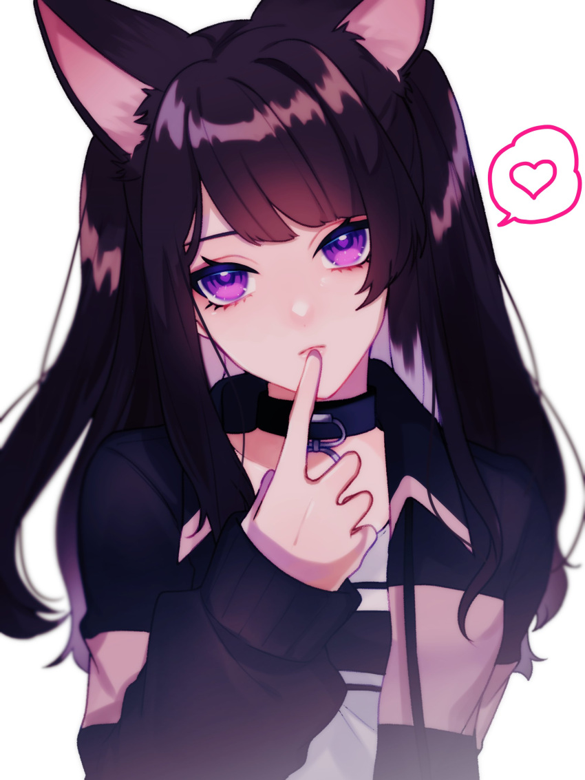 1girl, absurdres, animal_ears, bangs, black_collar, black_hair, black_hoodie, cat_ears, cat_girl, collar, commission, english_commentary, eyebrows_behind_hair, finger_to_mouth, grey_shirt, head_tilt, highres, hk45_x, hood, hoodie, indie_virtual_youtuber, long_hair, multicolored_clothes, multicolored_hoodie, pink_hoodie, portrait, second-party_source, shimotsuki_miri, shirt, skeb_commission, solo, striped, striped_hoodie, two_side_up, violet_eyes, virtual_youtuber, white_background
