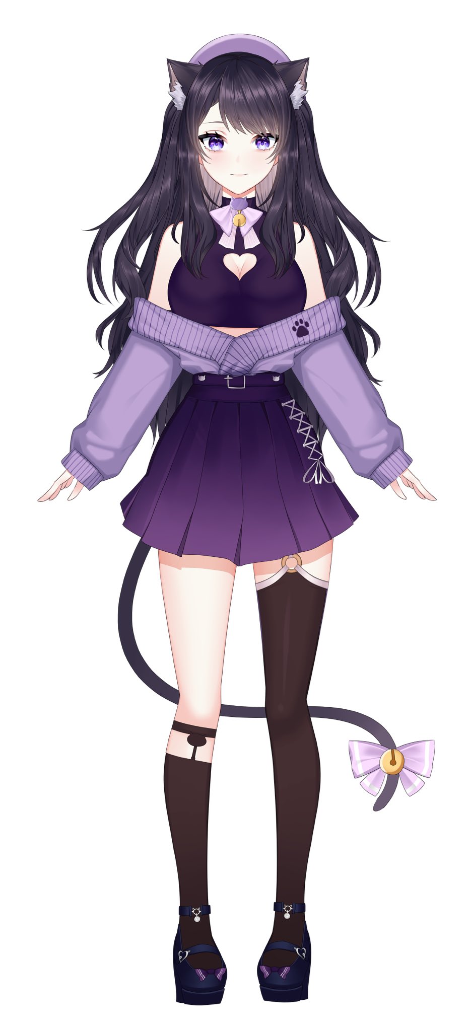 1girl, animal_ears, bangs, bell, beret, blush, bow, cat_ears, cat_girl, crop_top, crys_(crysillust), hat, heart, highres, indie_virtual_youtuber, off_shoulder, official_art, pink_bow, purple_headwear, purple_skirt, purple_sweater, shimotsuki_miri, skirt, smile, solo, sweater, sweater_tucked_in, two_side_up, violet_eyes, virtual_youtuber, white_background