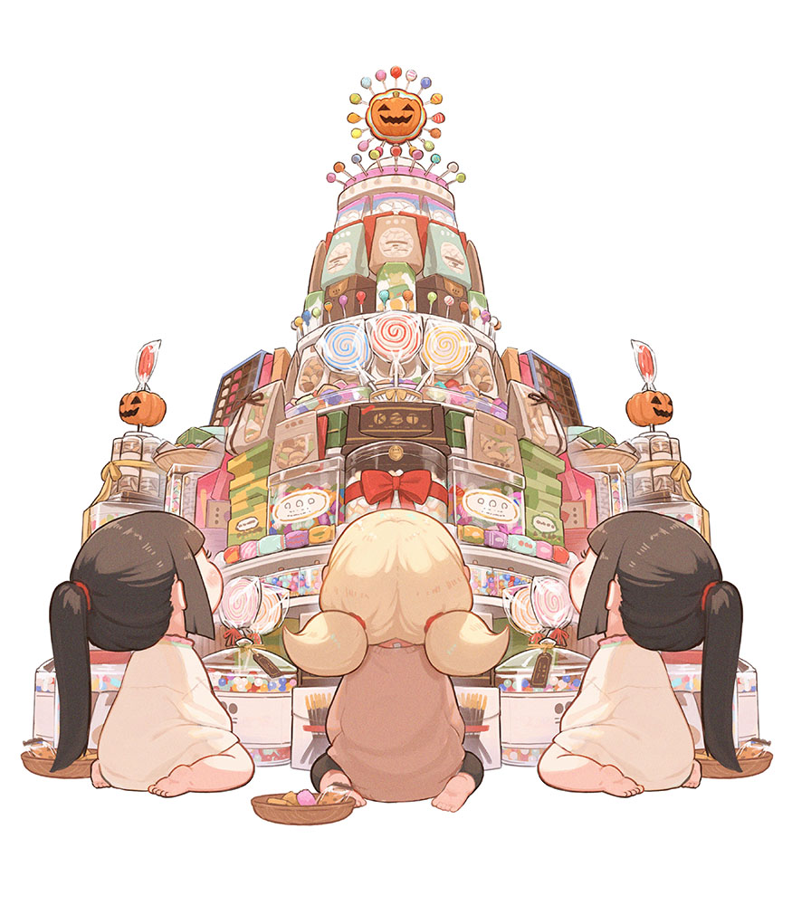 3girls, black_hair, blonde_hair, bow, candy, child, chocolate, cookie