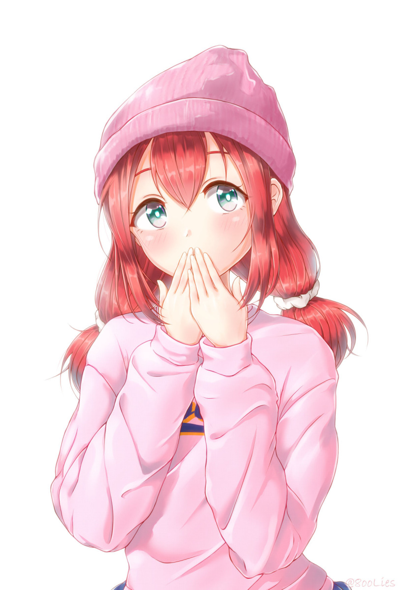 1girl, bangs, blue_eyes, blush, covering_mouth, hair_between_eyes, hair_ornament, hair_scrunchie