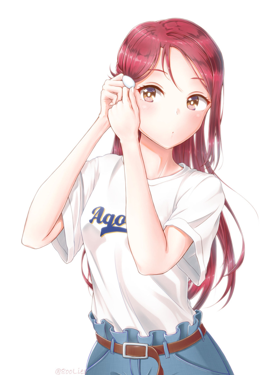 1girl, bangs, belt, belt_buckle, brown_belt, brown_eyes, buckle, hair_between_eyes