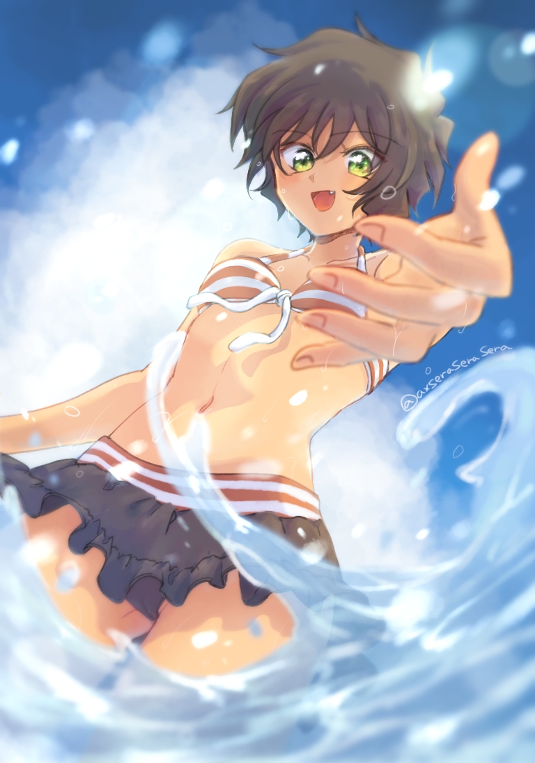 1girl, :d, axseraserasera, bangs, bikini, blue_sky, breasts, brown_hair