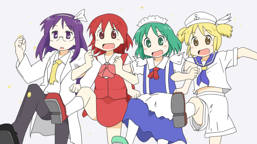 4girls, anchor_symbol, apron, arawi_keiichi_(style), asakura_rikako, ascot, black_footwear, black_pants