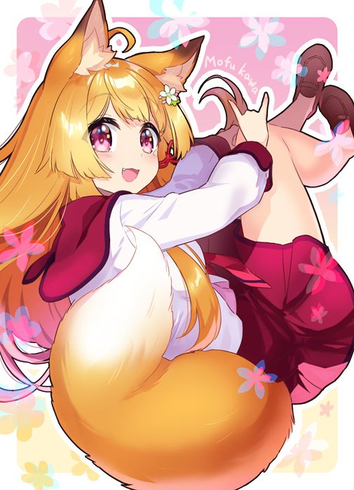 \n/, ahoge, animal_ear_fluff, animal_ears, bangs, blonde_hair, blouse, brown_footwear