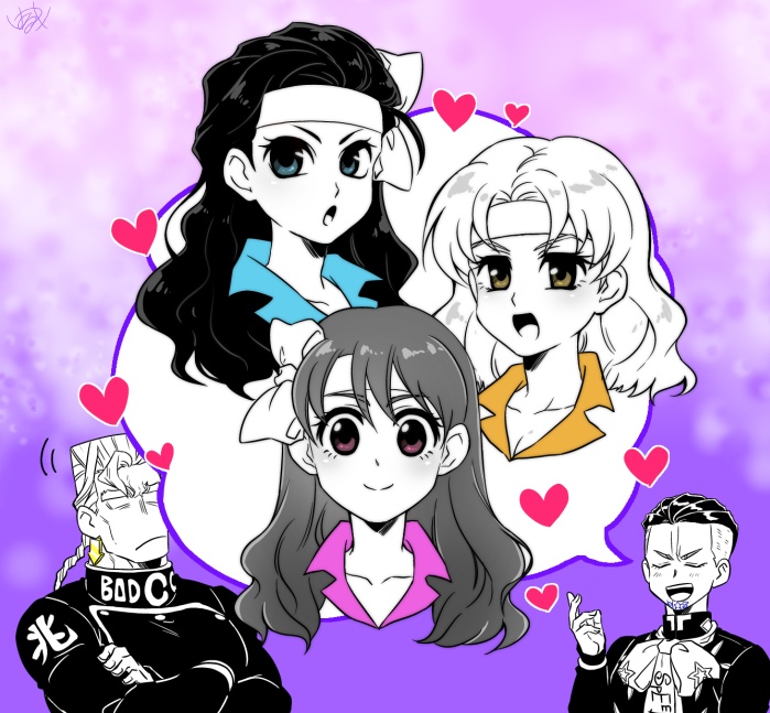 2boys, 3girls, akemi_(jojo), arrow_earrings, bow, crossed_arms, diamond_wa_kudakenai, earrings