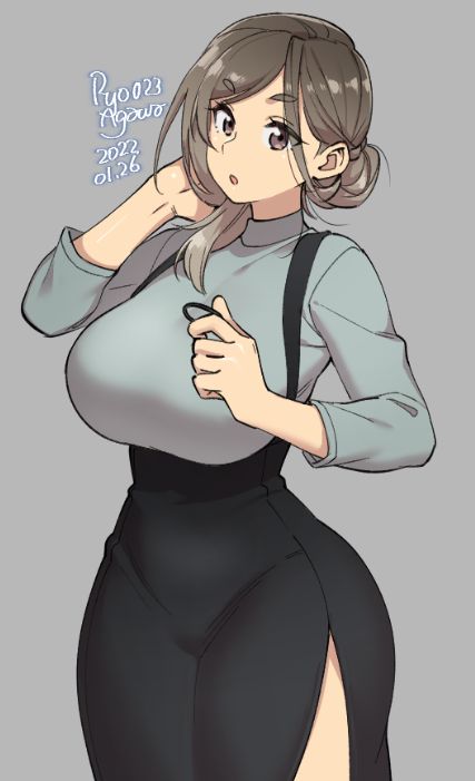 1girl, :o, agawa_ryou, artist_name, bangs, black_skirt, breasts, brown_eyes, clothing_cutout, commentary, cowboy_shot, dated, english_commentary, eyebrows_visible_through_hair, grey_background, grey_shirt, hair_tie, hand_in_hair, hands_up, holding_hair_ornament, large_breasts, leg_cutout, light_brown_hair, long_hair, looking_ahead, numbered, open_mouth, original, shirt, short_eyebrows, simple_background, skirt, sleeves_past_elbows, solo, suspender_skirt, suspenders, swept_bangs, thick_thighs, thighs, tied_hair, turtleneck