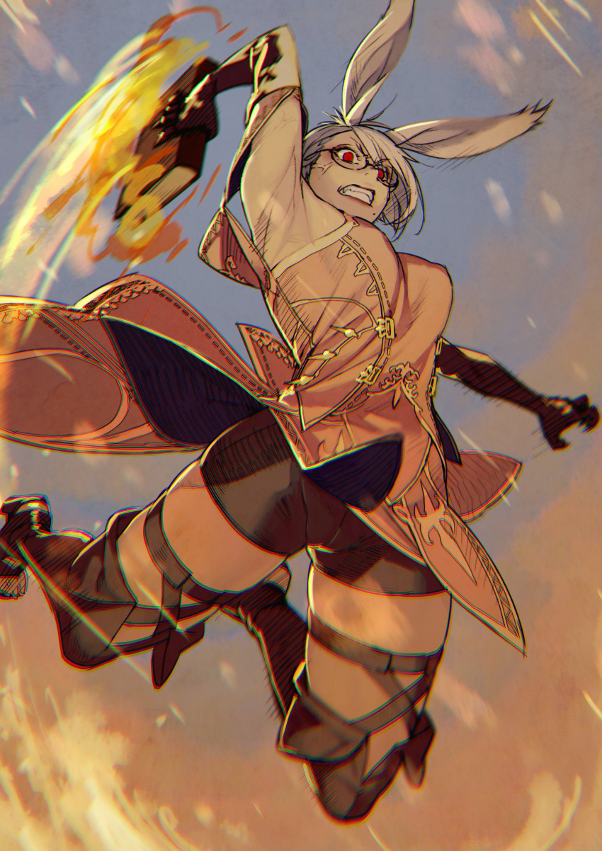 1girl, absurdres, animal_ears, arm_up, armpits, attack, avatar_(ff14), book, brown_footwear, brown_gloves, brown_legwear, chromatic_aberration, clenched_teeth, elbow_gloves, eyeshadow, final_fantasy, final_fantasy_xiv, fire, gloves, grey_hair, highres, holding, holding_book, kyo_(kuroichigo), makeup, mole, mole_under_mouth, motion_lines, rabbit_ears, red_eyes, skindentation, slit_pupils, solo, speed_lines, summoner_(final_fantasy), teeth, toeless_footwear, veins, viera