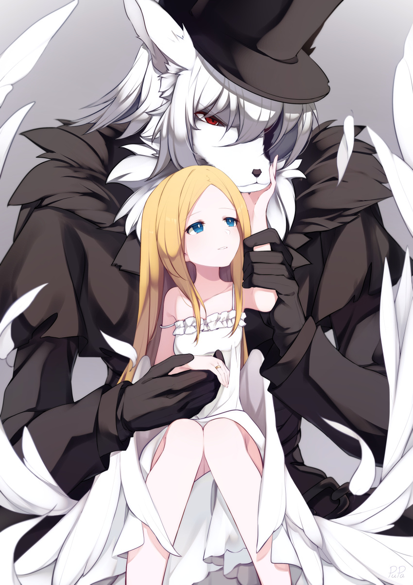 1boy, 1girl, absurdres, animal_ears, bangs, bare_arms, bare_shoulders, black_gloves, black_headwear, black_souls, blonde_hair, blue_eyes, bright_pupils, chinese_commentary, dress, edith_(black_souls), furry, furry_male, furry_with_non-furry, gloves, hand_on_another's_face, hand_up, hat, highres, interspecies, jack_(black_souls), jewelry, knees_together_feet_apart, long_hair, long_sleeves, looking_at_another, parted_bangs, pupa_jiang, redhead, ring, sitting, size_difference, straight_hair, strap_slip, top_hat, white_dress, white_fur, white_hair, white_pupils, wolf_boy, wolf_ears