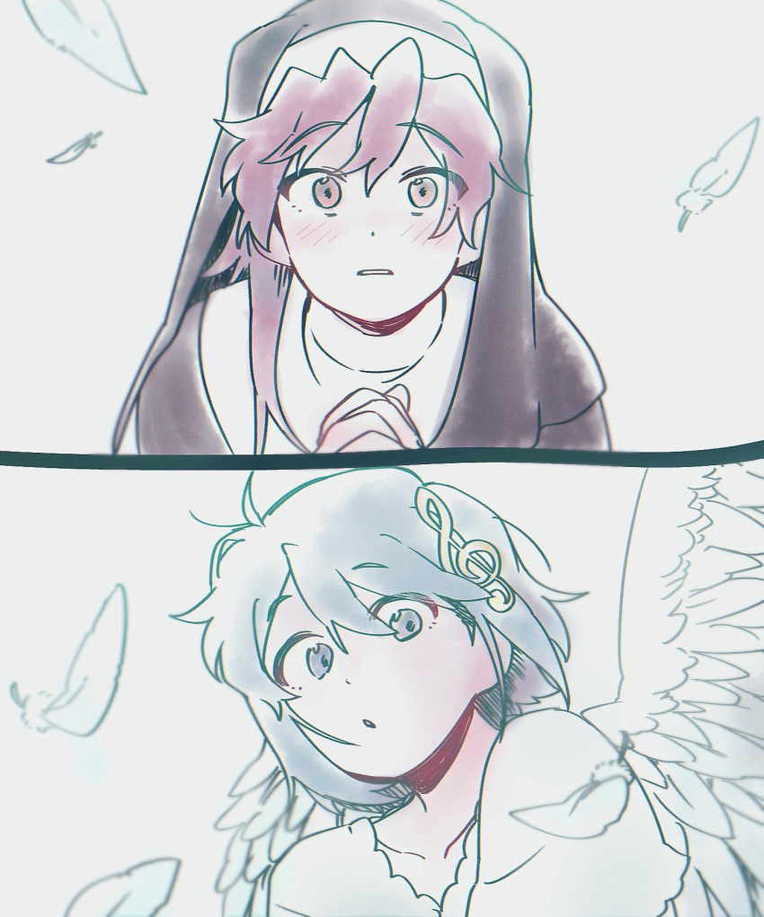 2girls, 89_(_26_mmm_), alternate_costume, angel, angel_wings, bangs, black_dress, blue_eyes
