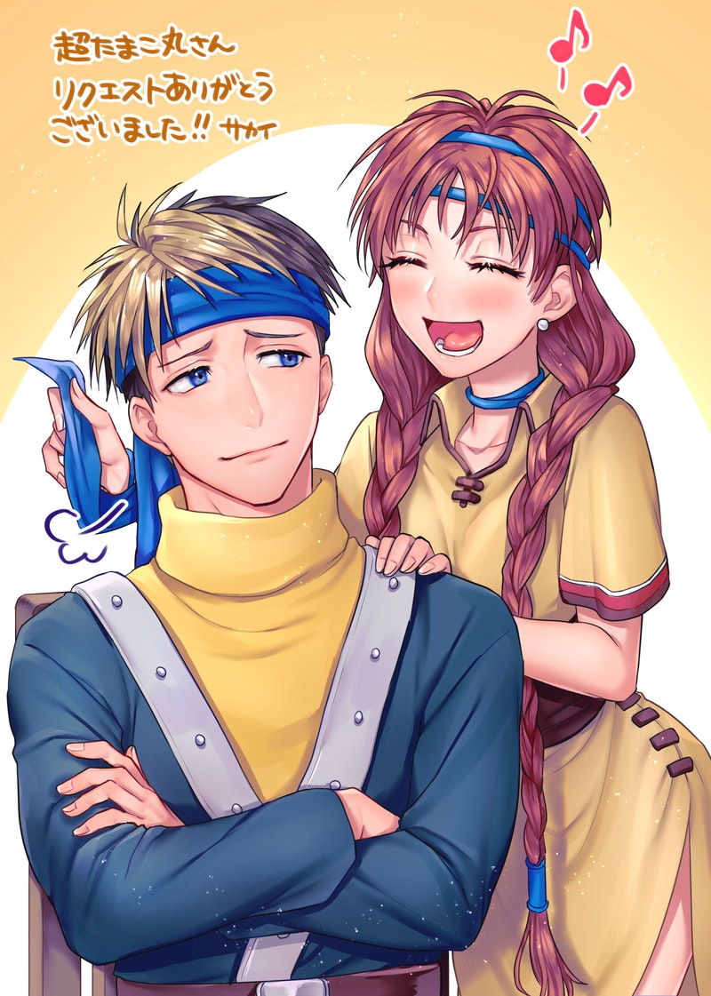 1boy, 1girl, blonde_hair, blue_eyes, blue_headband, blush, braid, breasts