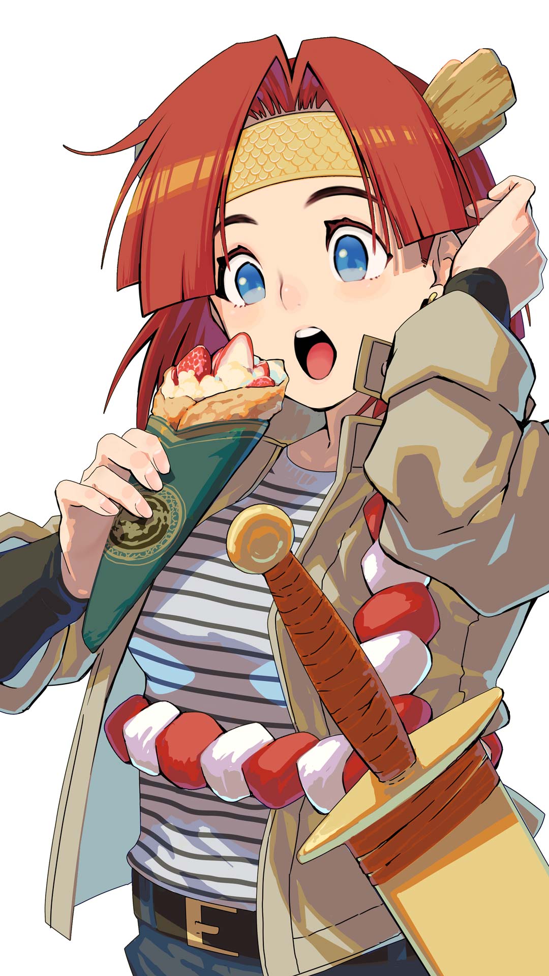 1girl, bangs, belt, blue_eyes, crepe, earrings, food, fruit