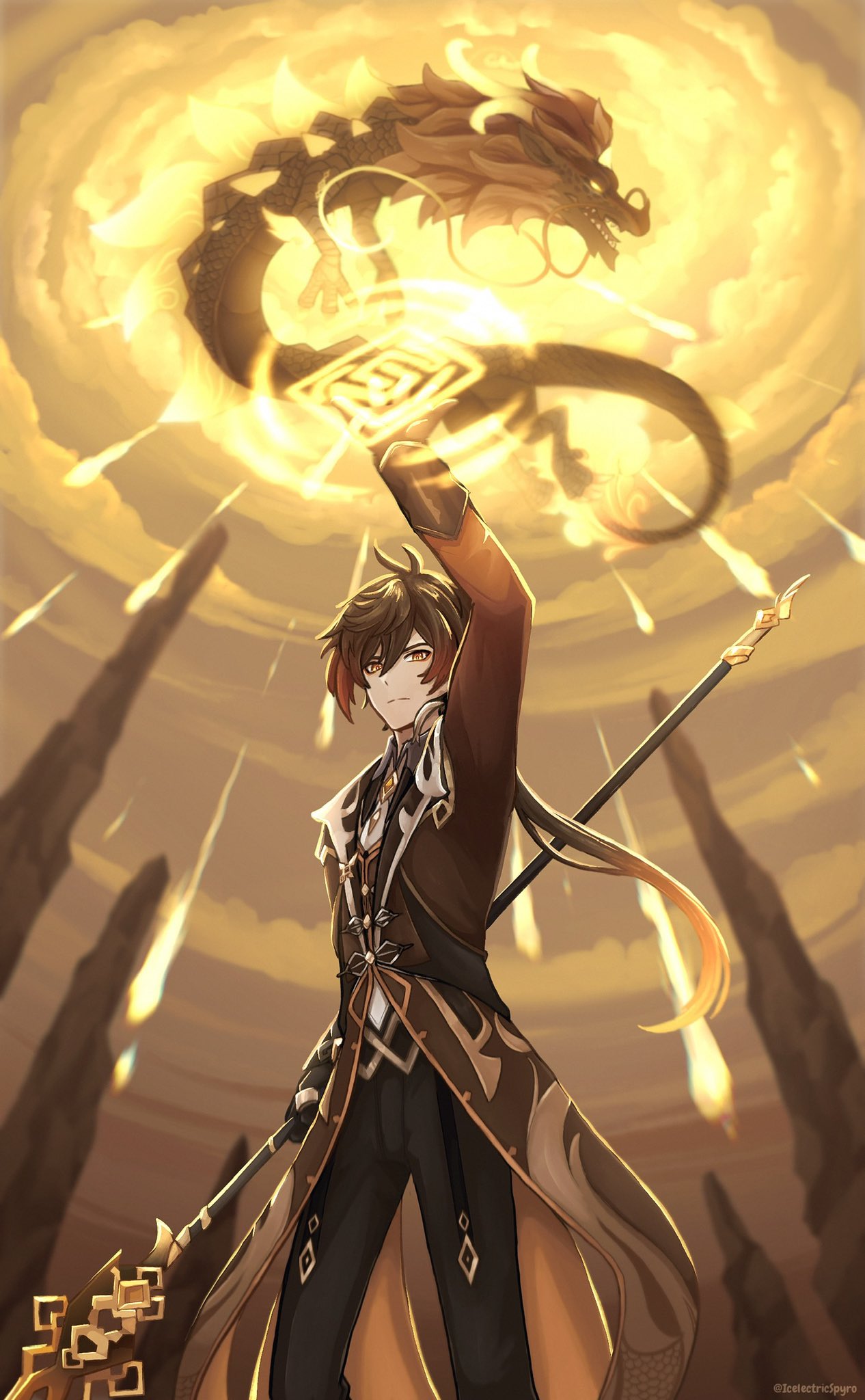 1boy, arm_up, bangs, black_footwear, black_gloves, black_hair, brown_hair, closed_mouth, clouds, cloudy_sky, coattails, dragon, earrings, eastern_dragon, english_commentary, floating, formal, genshin_impact, gloves, gradient_hair, hair_between_eyes, highres, holding, holding_polearm, holding_weapon, icelectricspyro, jacket, jewelry, long_hair, long_sleeves, male_focus, meteor, multicolored_hair, necktie, pants, polearm, ponytail, rex_lapis_(genshin_impact), shoes, single_earring, sky, solo, spear, standing, suit, tassel, tassel_earrings, thumb_ring, twitter_username, vortex_vanquisher_(genshin_impact), weapon, yellow_eyes, yellow_sky, zhongli_(genshin_impact)