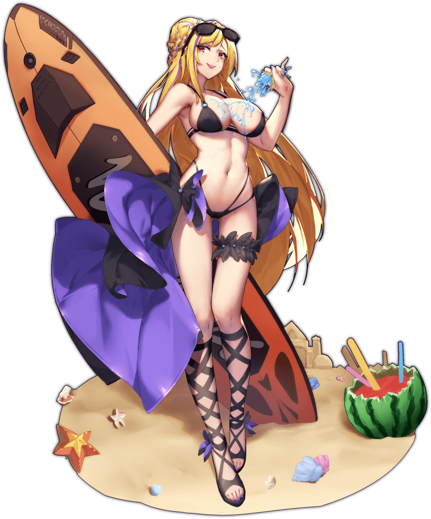 1girl, :d, ankle_bow, ark_order, artist_request, bangs, bikini, black_footwear, blonde_hair, bow, braid, braided_bun, breasts, drinking_straw, eyewear_on_head, faux_figurine, food, fruit, full_body, gladiator_sandals, hair_bun, hera_(ark_order), highleg, highleg_bikini, holding, holding_surfboard, large_breasts, long_hair, looking_at_viewer, multicolored_hair, nail_polish, official_art, purple_bow, purple_nails, sand, sand_castle, sand_sculpture, sandals, shell, sidelocks, smile, solo, squeezing, standing, starfish, streaked_hair, string_bikini, sunglasses, surfboard, swimsuit, thong_bikini, toenail_polish, toenails, very_long_hair, watermelon, yellow_eyes