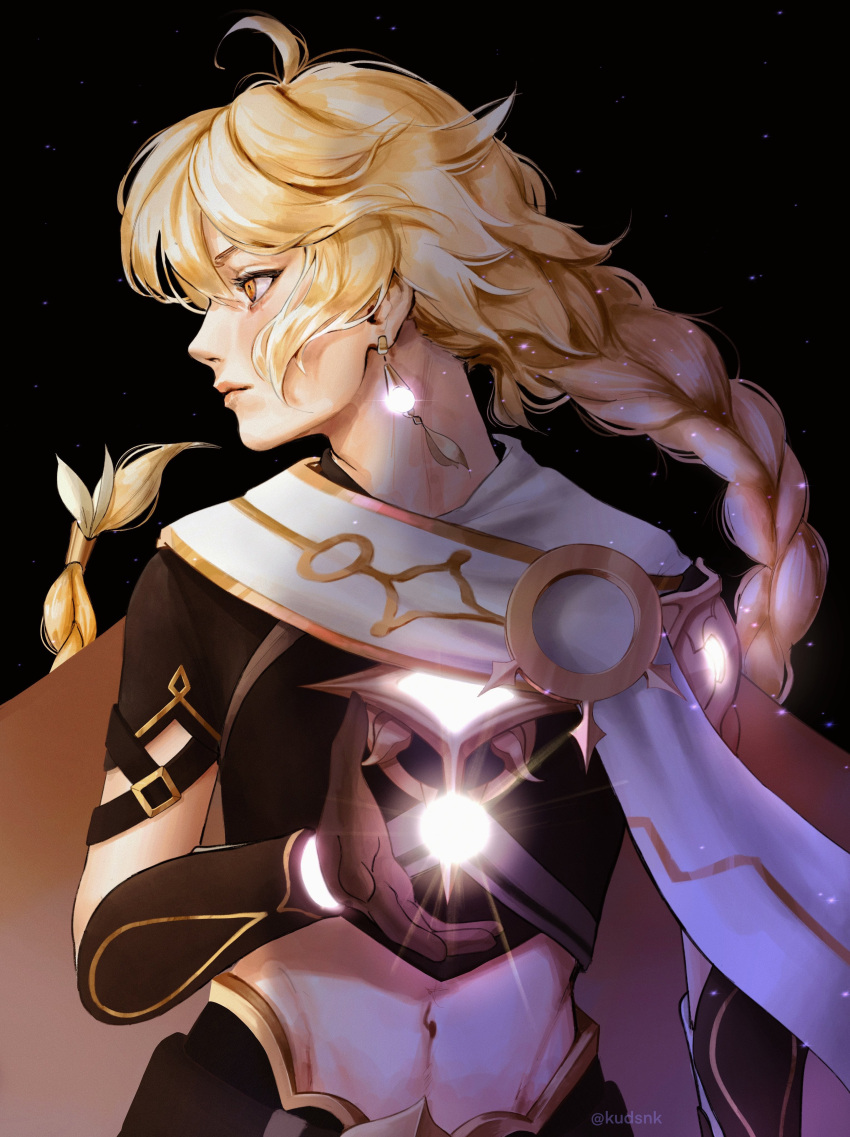 1boy, absurdres, aether_(genshin_impact), ahoge, arm_at_side, arm_up, bangs, black_background