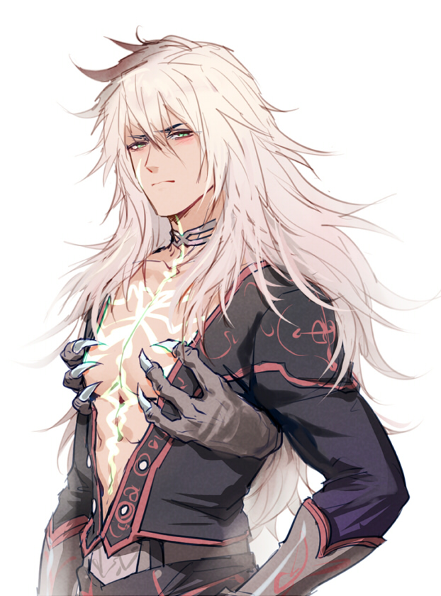 1boy, armor, changye, chest_tattoo, circlet, claws, dark-skinned_male, dark_skin, fate/apocrypha, fate_(series), long_hair, male_focus, plunging_neckline, siegfried_(fate), solo, tattoo, v-neck, white_hair