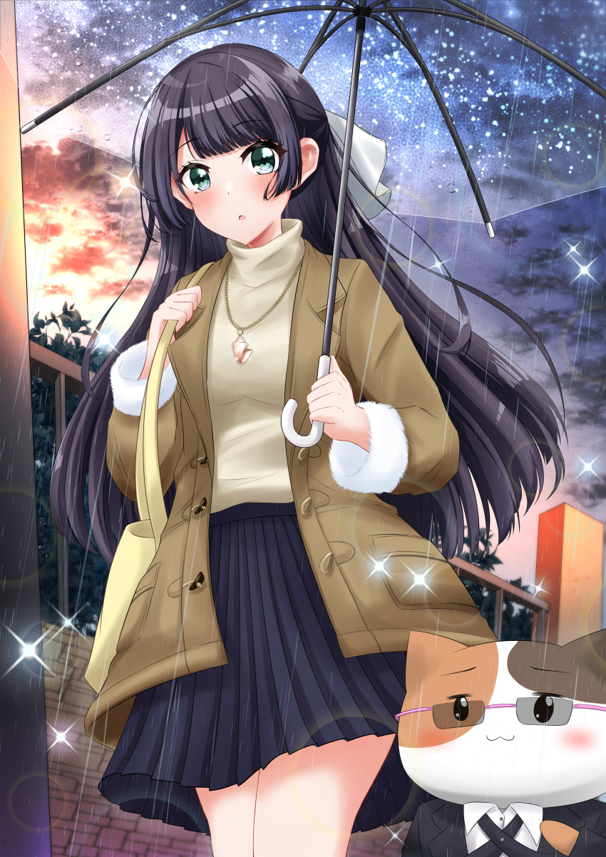 1girl, absurdres, blue_hair, bow, coat, d4dj, glasses, green_eyes