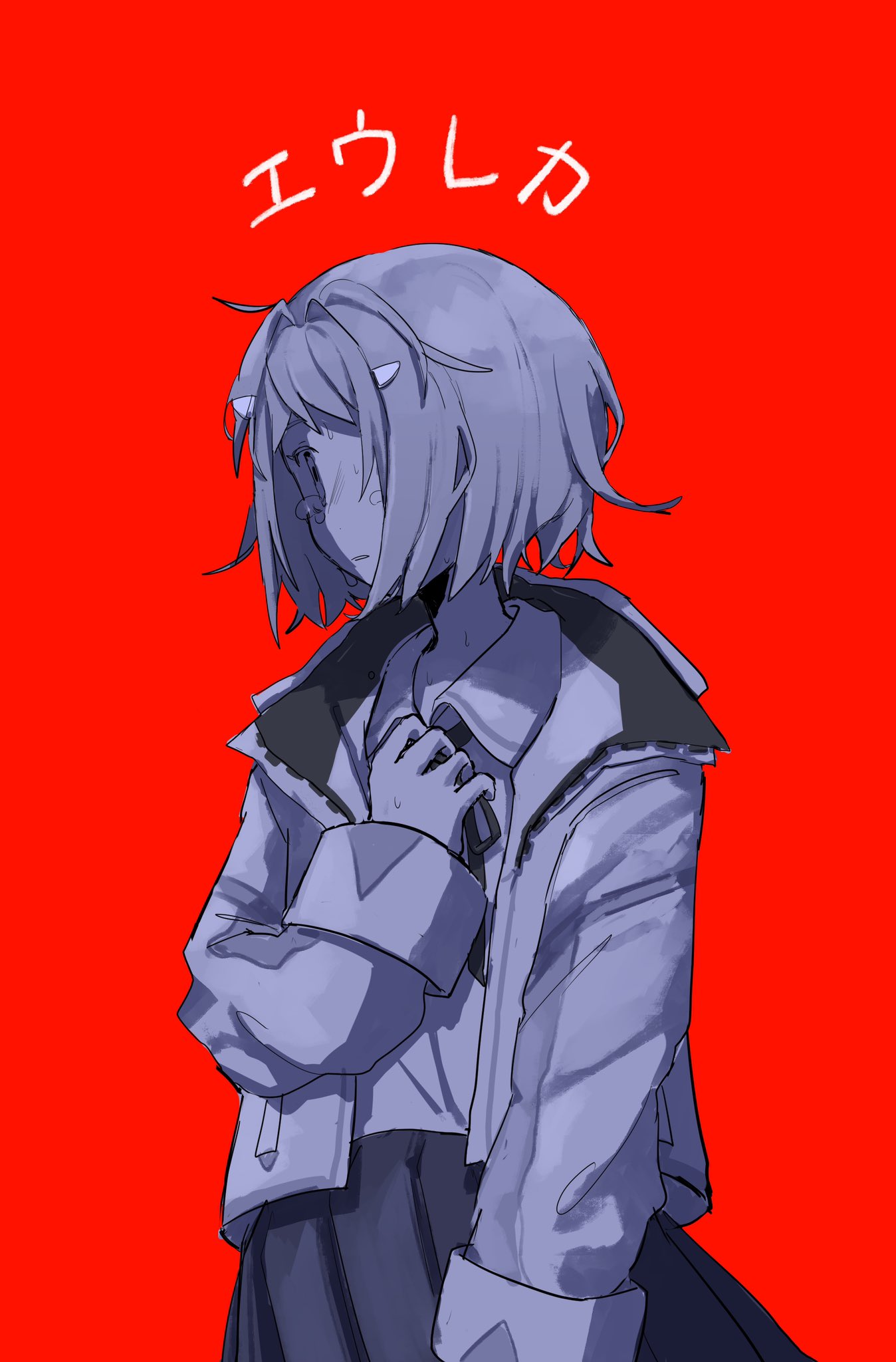 1girl, amano_roku, crying, date+links!, greyscale, hand_on_own_chest, highres, hood
